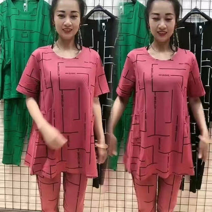 【Top + Pantaloni】🔥Costum de femeie cu mânecă scurtă, stil nou 2025, lejer, pentru femei de vârstă mijlocie și în vârstă