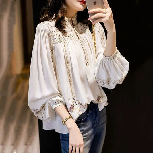 Cămașă la modă cu guler înalt, brodată, stil boem, croială lejeră, stil western