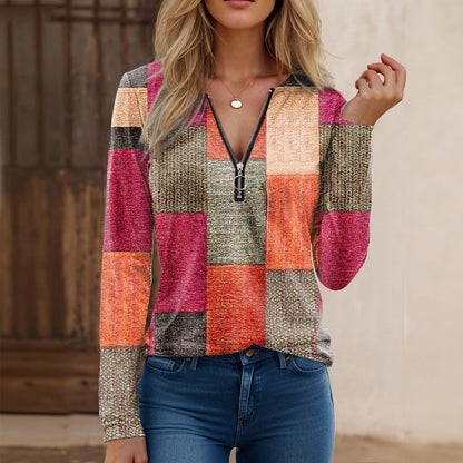 【S-5XL】Nowa modna, luźna, luźna koszulka z nadrukiem, dekoltem w serek, długim rękawem i blokami kolorów