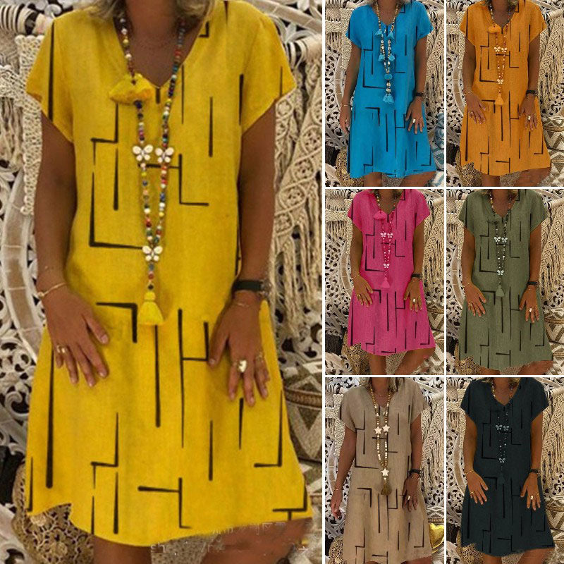 ⏳【50% OFF】👗【S-5XL】Potištěné bavlněné šaty s výstřihem do V