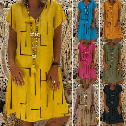 ⏳【50% OFF】👗【S-5XL】Potištěné bavlněné šaty s výstřihem do V