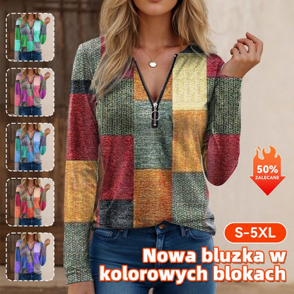 【S-5XL】Nowa modna, luźna, luźna koszulka z nadrukiem, dekoltem w serek, długim rękawem i blokami kolorów