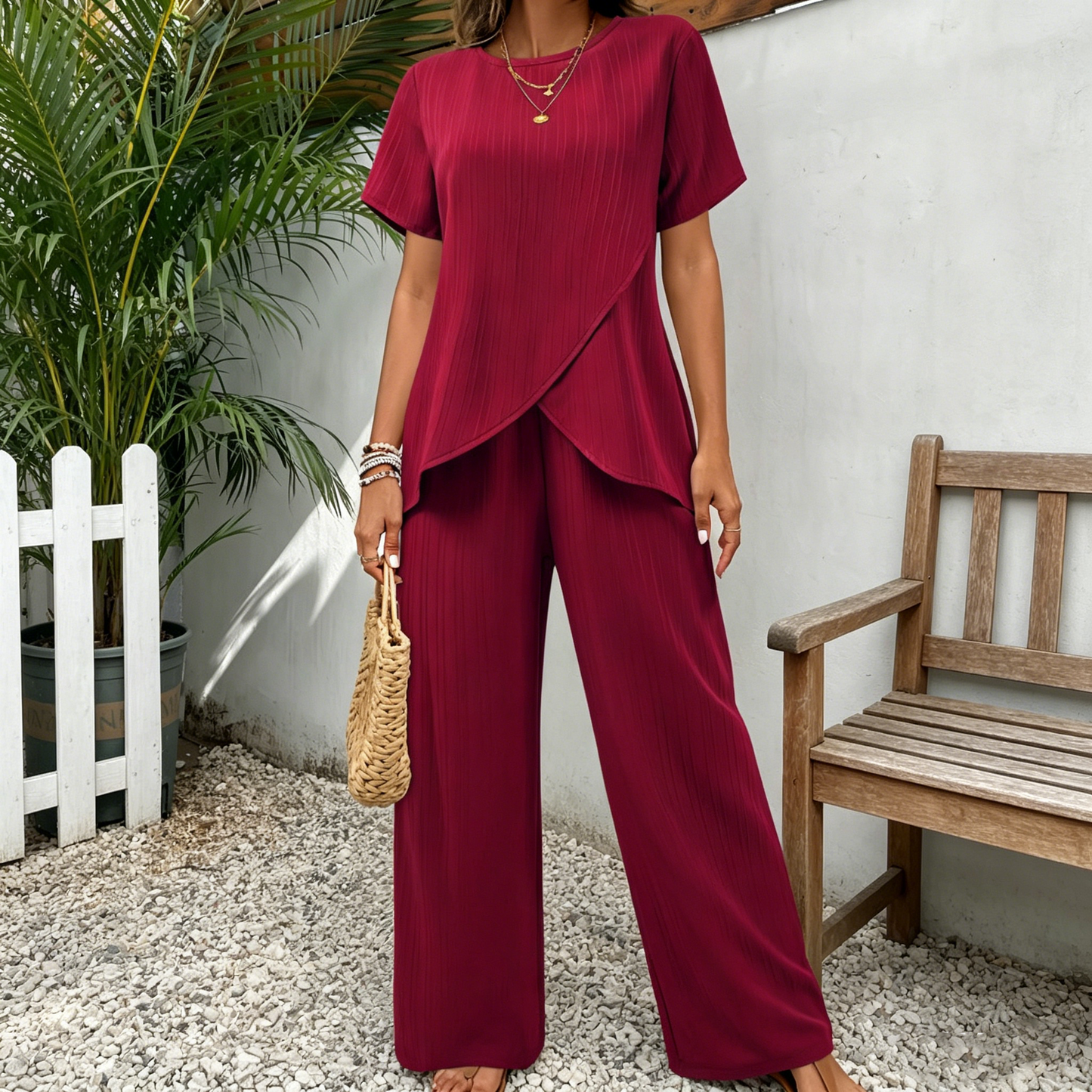 【S-3XL】Conjunto casual de dos piezas para mujer, manga corta, cuello redondo, cómodo, bajo irregular. [Top + Pantalones]