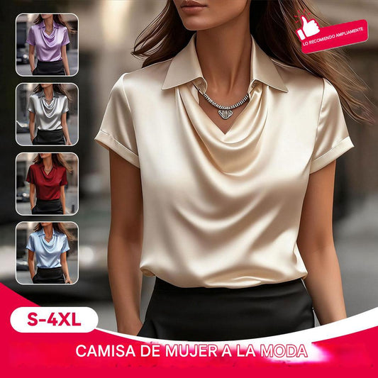 【S-4XL】Nueva camisa de satén de manga corta para mujer, modelo 2026, sencilla y elegante.